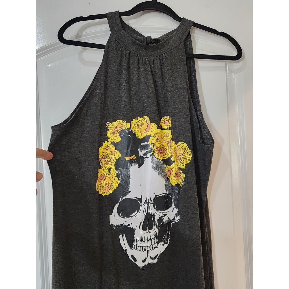 Skull Roses Maxi Dress Halterneck Punk Goth Sleeveless Side Slit Womens Small